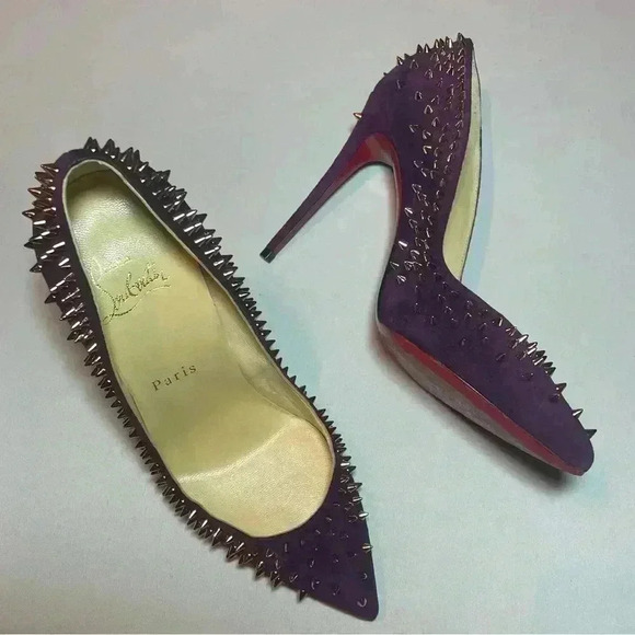 CHRISTIAN LOUBOUTIN Suede Velour Studded Spike Pumps 36 6 100 High Heels Merlot - Picture 2 of 12